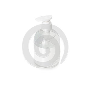 Clear hand sanitizer in a clear pump bottle mockup isolated on white background with clipping path.