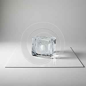 A clear ice cube rests on a smooth white surface, casting subtle