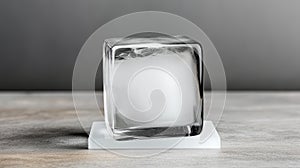 Clear ice cube showcasing unique textures and reflections on a simple surface