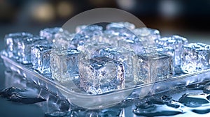 Clear Ice Cubes in a Tray with Reflections on a Smooth Surface