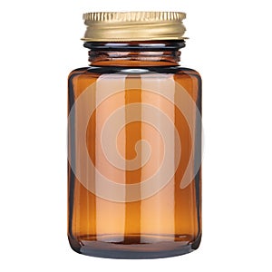 A clear image of an amber glass bottle with a golden cap, isolated on a white background, suitable for product mockups and