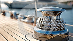 A clear image of a cleat on a yacht deck with a sy base and curved horns perfect for securing ropes and lines