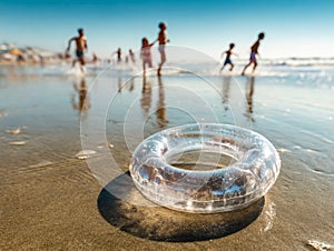 Clear inflatable ring on a sandy beach with people playing in the background