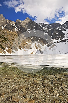 Clear lake in the Tatra Mountains in Poland in spring