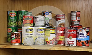 Clear Lake, WI / USA  - January 12 / 2020: Assortment of Canned Goods on Shelf