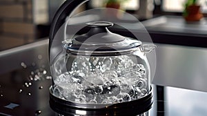 The clear lid of an electric kettle allowing you to monitor the water as it reaches the desired temperature photo