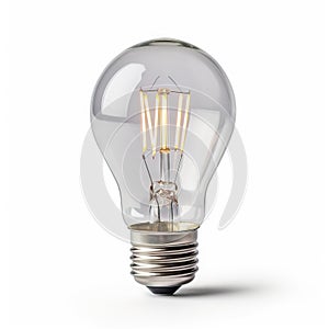 a clear light bulb with a dim light inside of it on a white background with a shadow of the bulb on the side of the light bulb