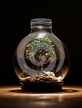 A clear light bulb on the ground with a bonsai inside, in the style of earthy tones.Generative AI