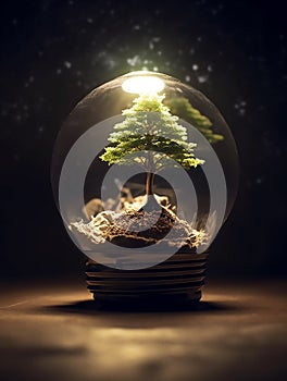 A clear light bulb on the ground with a bonsai inside, in the style of earthy tones.Generative AI