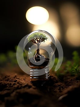 A clear light bulb on the ground with a bonsai inside, in the style of earthy tones.Generative AI