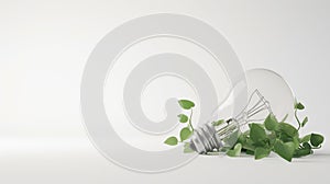 A clear light bulb lies on its side with green leaves emerging from its base on a white background