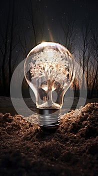 Clear light bulb on the soil ground with a tree inside in an earthy tone style