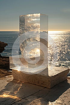 Clear Lucite Podium with a Soft Focus Ocean Horizon The stand merges with the tranquil seascape photo