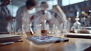 Clear medium shot capturing a digital tablet showing an interactive augmentedreality animal dissection with blurred