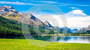 Clear morning at Lake Silvaplana Upper Engadine Valley, GraubÃ¼nden, Switzerland