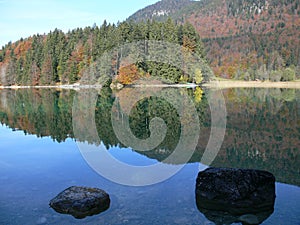 Clear mountain lake with autumn forest...