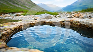 Clear mountain spring emerging from rocky terrain, pure and natural water source