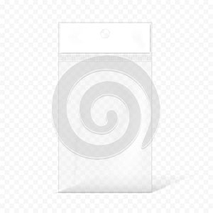 Clear packaging pouch with hanging slot on transparent background, vector mockup. Empty plastic pocket bag package, mock-up