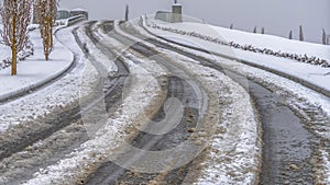 Clear Panorama Tracks on a snowy road in Daybreak during winter