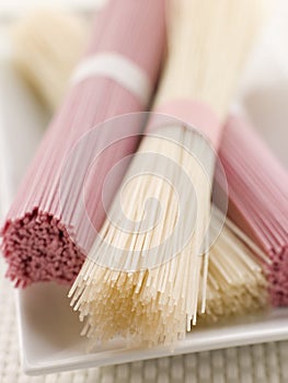 Clear and Pink Dried somen Noodles photo