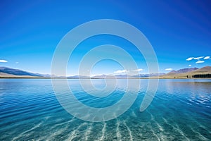 a clear, placid lake under a blue sky