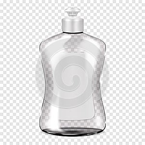 Clear plastic bottle with screw push-pull cap and white blank label mockup. Liquid soap, dishwashing liquid container mock-up