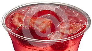 A clear plastic cup filled with a refreshing red beverage, likely strawberry-flavored, photo