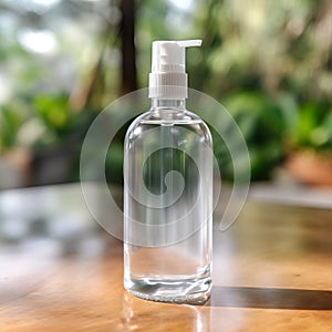 Clear plastic dispenser bottle mockup, cosmetic and care product pump bottle front view