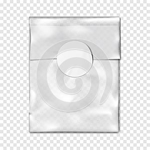 Clear plastic pouch with round label sticker closure on transparent background realistic vector mock-up. Empty vinyl bag mockup
