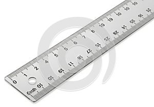 Clear plastic ruler with black markings isolated on white background