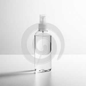 Clear plastic spray bottle on white surface. The bottle is cylindrical with a transparent