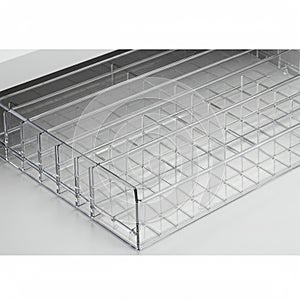 Clear plastic storage container with multiple compartments, designed for organizing