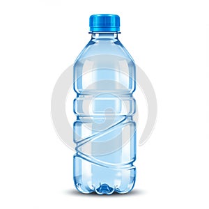 Clear, plastic water bottle with a blue cap, standing on a white background. The design