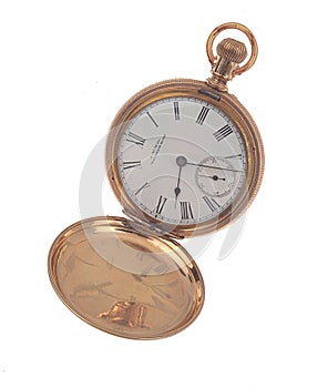 Clear product shot of an open antique old fob watch