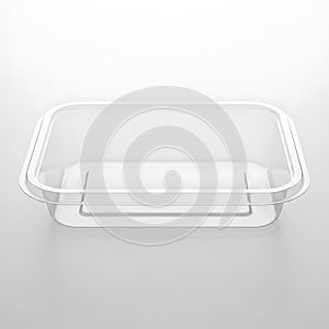 Clear rectangular plastic food storage container with lid on a flat surface