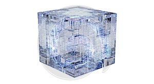 A translucent rectangular prism with internal blue crystalline structures isolated on white background