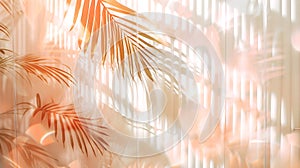 Clear reeded shower screen of Fluted Glass with tropical peach leaves in the background, delicate colour palette. Fluted
