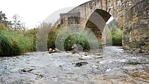 Clear river flows under a medieval bridge