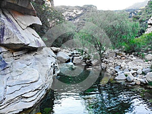 Clear river with rocks in the mountain.