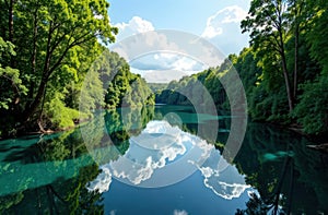 A clear river surrounded by forest, reflecting the sky