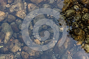 clear river water and visible stones. Sea stones background. Ripples creating shadows onto round pebbles in water. The