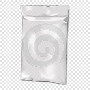 Clear sachet pouch vector mockup. Transparent plastic bag mock-up. Envelope sleeve package template