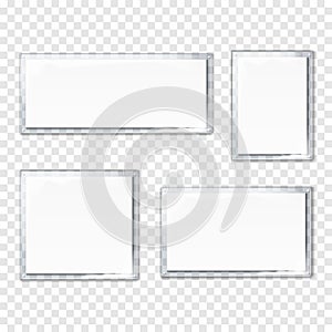 Clear sandwich acrylic board set. Realistic vector mockup. Blank wall plexiglass sign, poster holder mock-up. Plexi signboard kit