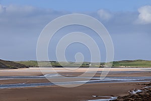 Clear sky above, Kyle of Durness reveals vast tidal flats, sand and water weaving patterns