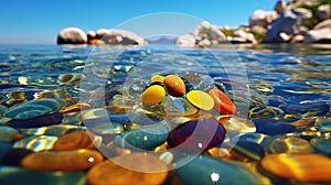 Clear Sky and White Sand Beach with Many Colorful Glittering Round Pebbles-Stones