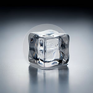 A clear, slightly irregular ice cube is placed on a smooth, reflective surface. The light