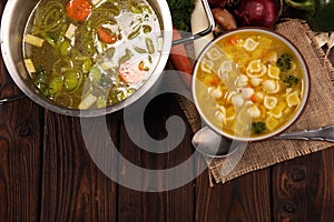 Clear soup with chicken and noodles. Broth with carrots, onions various fresh vegetables in a pot