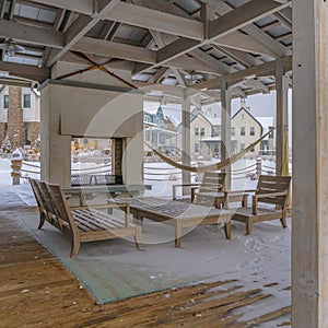 Clear Square Clubhouse patio with view of a snowy landscape