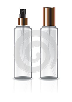 Clear square cosmetic bottle with copper lid and spray head for beauty or healthy product. Isolated on white background.