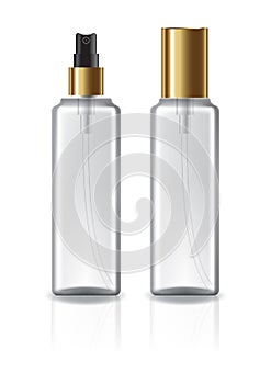 Clear square cosmetic bottle with gold lid and spray head for beauty or healthy product. Isolated on white background.